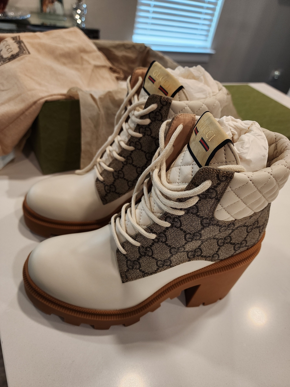 Gucci White Leather & GG Canvas Lace-Up Chunky Heel Bootie